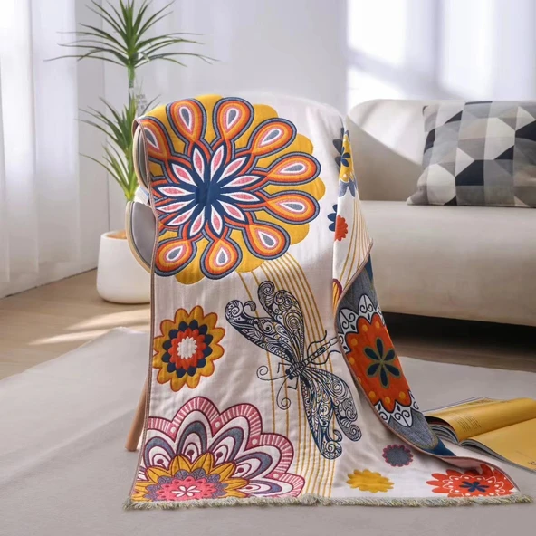 Pamuklu Gazlı Kanepe Örtüsü - Püsküllü Sarı Kelebek Desenli - 80x160cm - 8