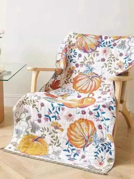 Pamuklu Gazlı Kanepe Örtüsü - Püsküllü Sarı Kelebek Desenli - 80x160cm - 2