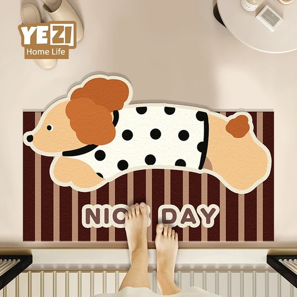 Dalga Noktalı Köpek Desenli Diatomit Banyo Paspası - 50x80cm