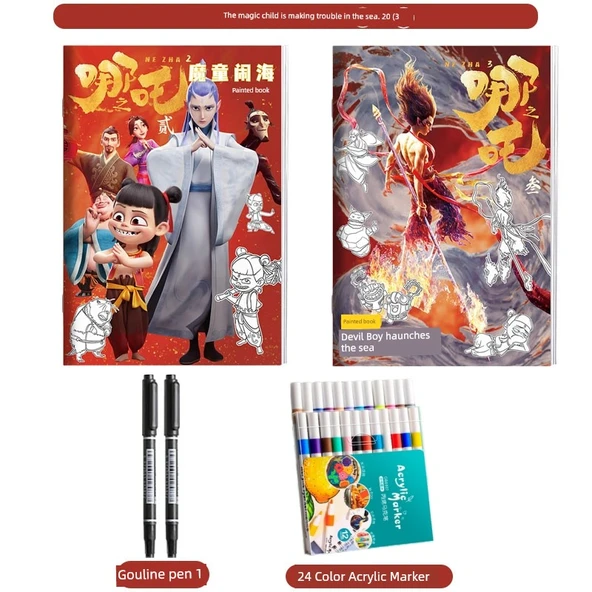 Nezha Boyama Kitabı - 2 Kitap, 24 Renk Akrilik Marker, Gouline Kalem