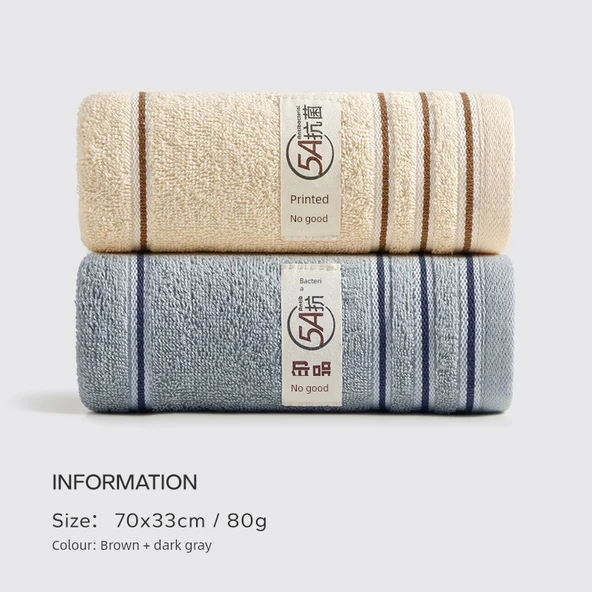 Muji Saf Pamuk Antibakteriyel Havlu - Kahverengi + Koyu Gri Düz Çizgili