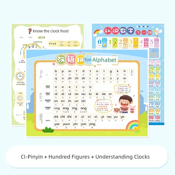Erken Eğitim Pinyin Duvar Tablosu - Pinyin + Yüz Figür + Saatleri Anlama