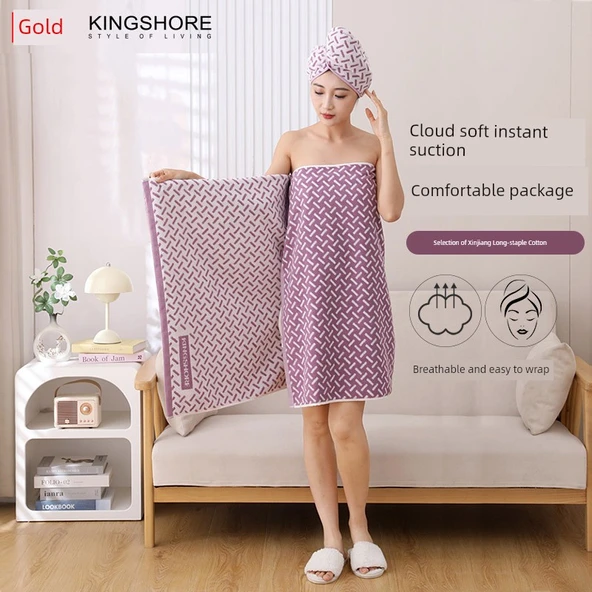 Banyo Havlusu ve Saç Kurutma Bonesi Seti - Mor 180x80 cm - 4