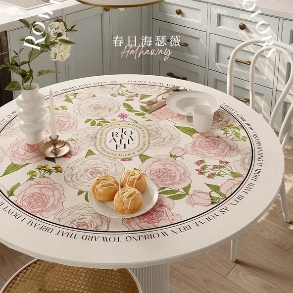 Pembe Çiçekli Su Geçirmez Yuvarlak Masa Örtüsü - 110cm