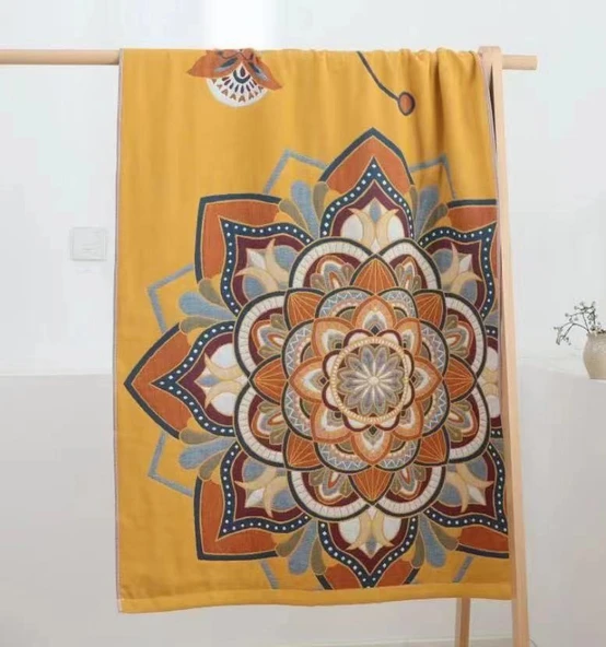 Pamuklu Gazlı Kanepe Örtüsü - Thangka Çiçek Desenli - 80x160cm