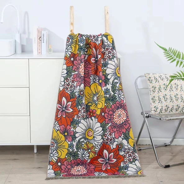 Pamuklu Gazlı Kanepe Örtüsü - Güneş Tanrısı Desenli - 70x140cm - 9