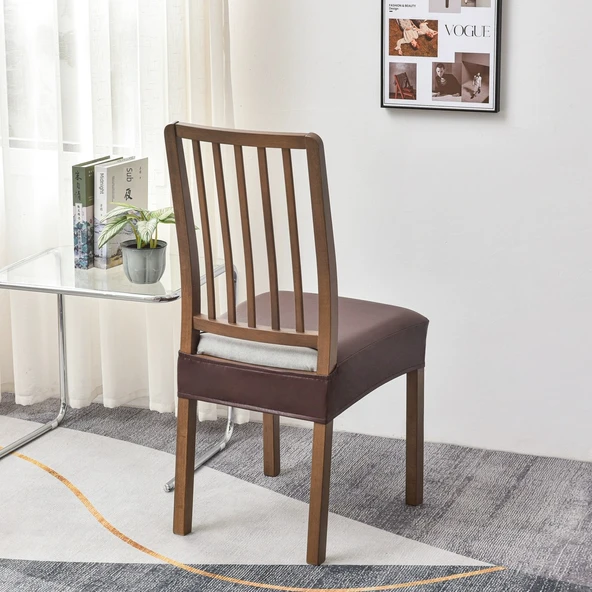 Su Geçirmez PU Deri Yemek Sandalyesi Kılıfı - Kahve - Küçük (36-46cm)