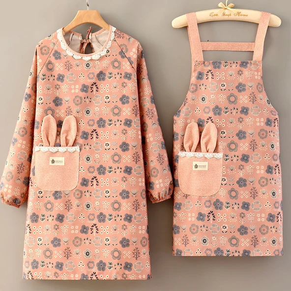 Kanvas Uzun Kollu Çiçek Desenli Önlük Smock - Pembe - 85kg