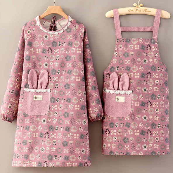 Kanvas Uzun Kollu Çiçek Desenli Önlük Smock - Mor - 85kg