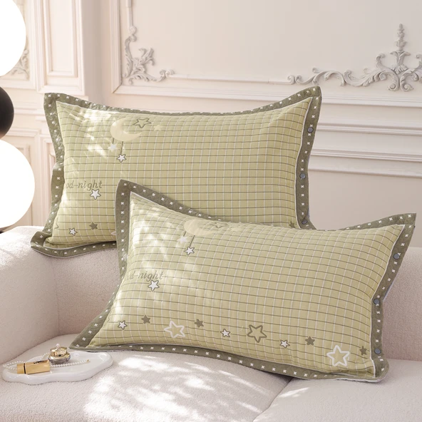 Pamuklu Gazlı Çıtçıtlı Yastık Kılıfı Çifti 48x74 cm - Yıldız ve Ay Yeşil