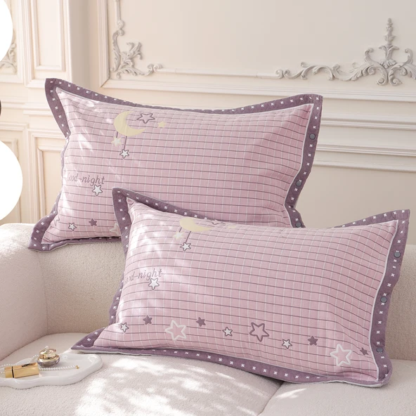Pamuklu Gazlı Çıtçıtlı Yastık Kılıfı Çifti 48x74 cm - Yıldız ve Ay Pembe