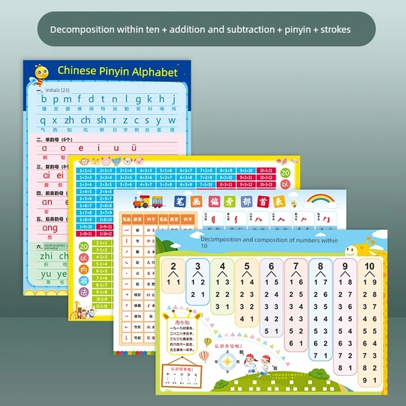 Anaokulu Matematik Duvar Tablosu - CG-09 10 İçinde Ayrıştırma, Toplama ve Çıkarma, Pinyin, Vuruşlar [4]