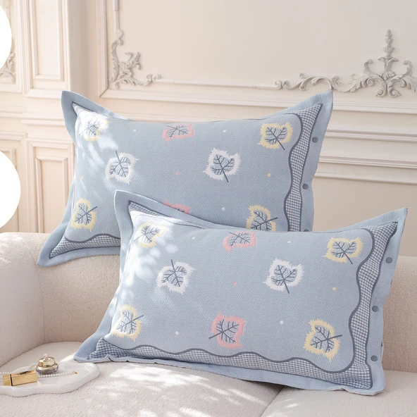 Pamuklu Gazlı Çıtçıtlı Yastık Kılıfı Çifti 48x74 cm - Akçaağaç Yaprağı Mavi