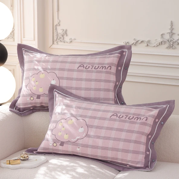 Pamuklu Gazlı Çıtçıtlı Yastık Kılıfı Çifti 48x74 cm - Elma Ağacı Pembe