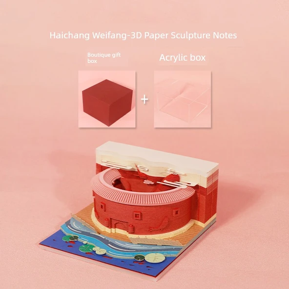 3D Kağıt Oyma Not Kağıdı Takvim - Begonya Desenli - Kırmızı Akrilik Kutulu