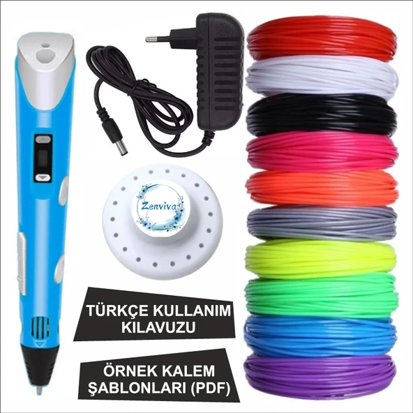Mavi Renk 3D Kalem + 25 Renk Toplam 50 Metre Pla Filament + Şablon - 1