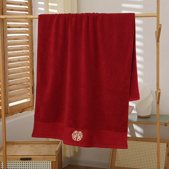 Yuanxi Desenli Düğün Havlu Seti - 2 Yüz Havlusu + 1 Banyo Havlusu - Kutulu Olmayan - 140x70cm - 9