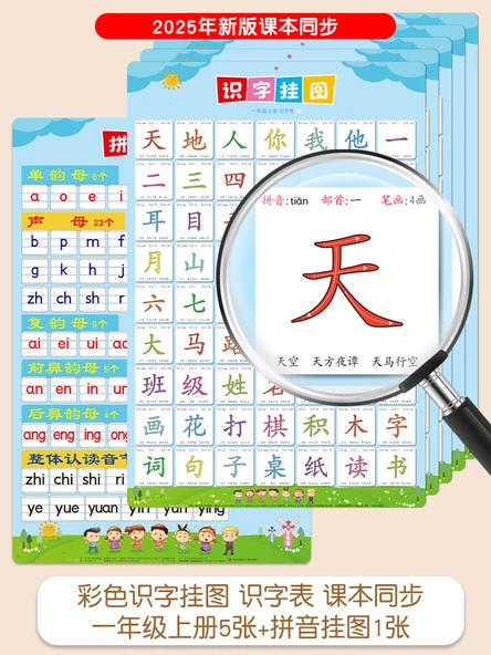 [2025 Yeni] Renkli Okuma Yazma Duvar Tablosu 5 [284 Kelime] + Pinyin Duvar Tablosu 1