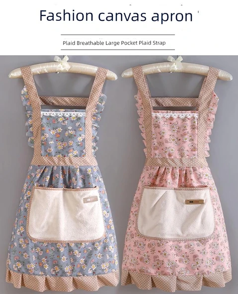 Çiçek Desenli Kanvas Mutfak Önlüğü - El Silme - Mavi - Resim 7