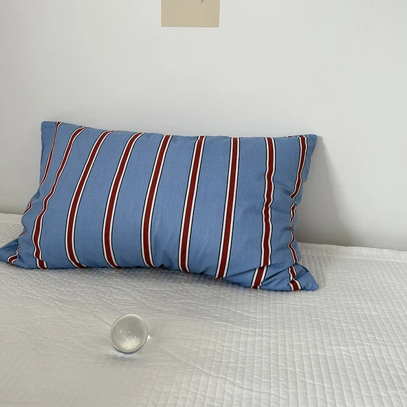 Pamuklu Gingham Çizgili Yastık Kılıfı 48x74 cm - Galon Mavi Çizgili (Pamuklu Dimi)