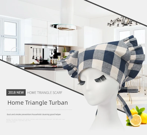 Yağa Dayanıklı Mutfak Önlüğü Seti - Üçgen Türban, Çiçek Desenli, Büyük Dantel, Lacivert - Resim 6