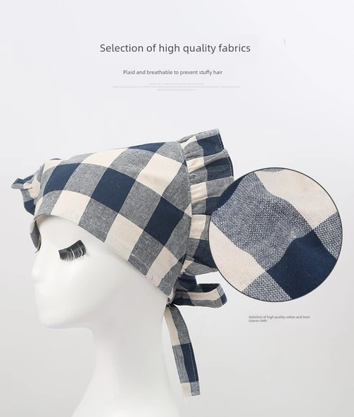 Yağa Dayanıklı Mutfak Önlüğü Seti - Üçgen Türban, Çiçek Desenli, Büyük Dantel, Lacivert - Resim 9