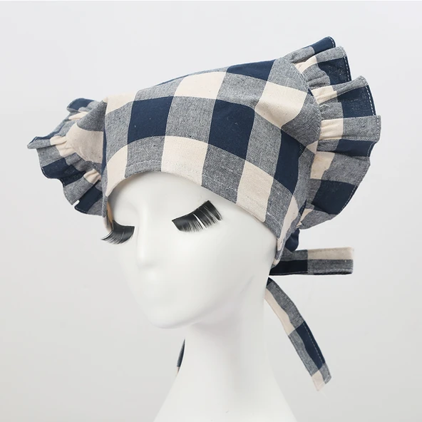 Yağa Dayanıklı Mutfak Önlüğü Seti - Üçgen Türban, Çiçek Desenli, Büyük Dantel, Lacivert - Resim 3