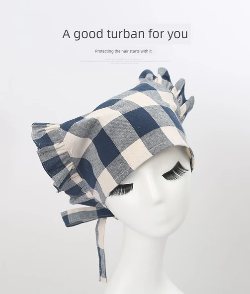 Yağa Dayanıklı Mutfak Önlüğü Seti - Üçgen Türban, Çiçek Desenli, Büyük Dantel, Lacivert - Resim 7