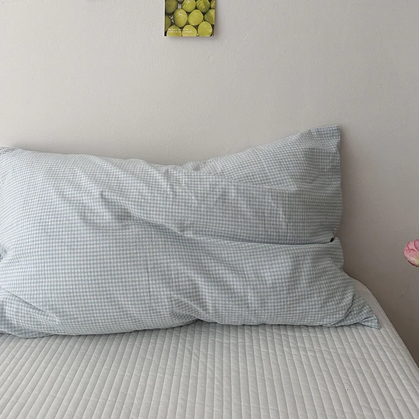 Pamuklu Gingham Çizgili Yastık Kılıfı 48x74 cm - Açık Mavi Küçük (Pamuklu Yıkanmış)