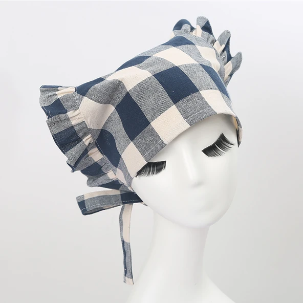 Yağa Dayanıklı Mutfak Önlüğü Seti - Üçgen Türban, Çiçek Desenli, Büyük Dantel, Lacivert - Resim 2