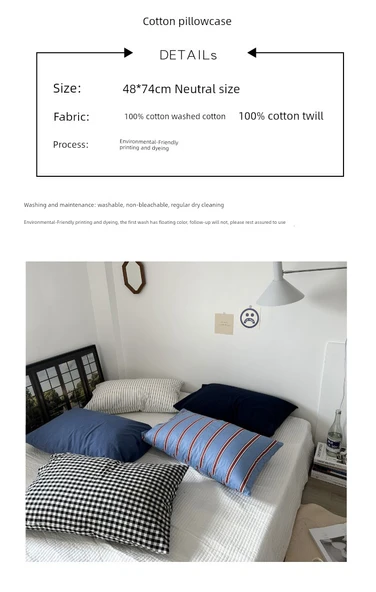 Pamuklu Gingham Çizgili Yastık Kılıfı 48x74 cm - Siyah Beyaz Küçük (Pamuklu Yıkanmış) - 8