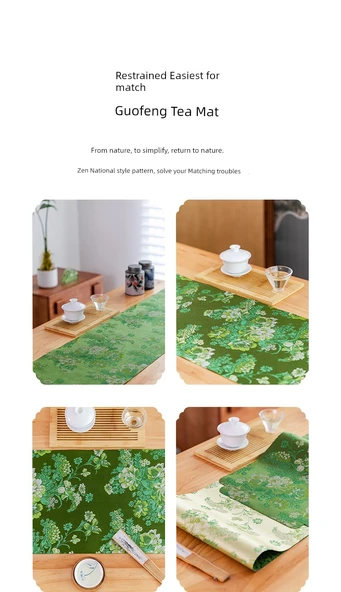 Çin Tarzı Su Geçirmez Çay Masa Örtüsü - Açık Yeşil Çiçekli - 30x180cm - 10