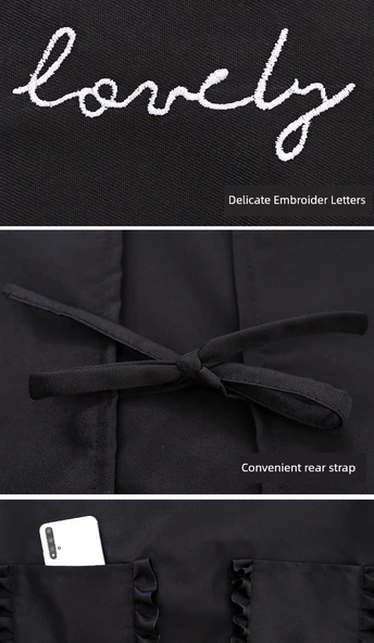 Uzun Kollu Kore Stili Kadın Önlük Elbise - Kanvas Uzun Kollu Küçük Puantiyeli Kalp Desenli (Siyah) + Önlük - Resim 9