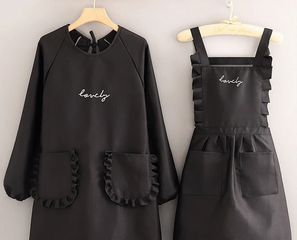 Uzun Kollu Kore Stili Kadın Önlük Elbise - Kanvas Uzun Kollu Küçük Puantiyeli Kalp Desenli (Siyah) + Önlük - Resim 7