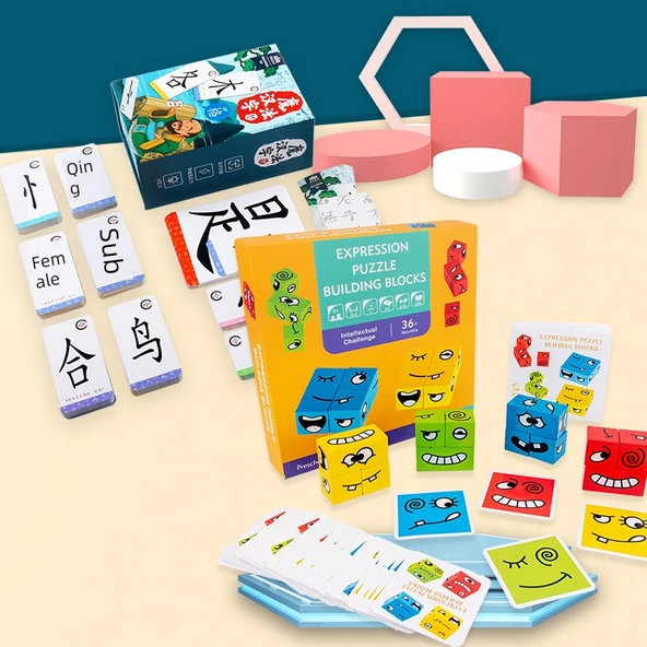Çince Karakter Öğrenme Kart Oyunu + Yüz Değiştiren Rubik Küpü Yapı Taşları (Savaş Zili Dahil)
