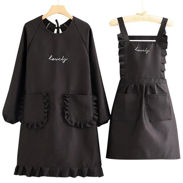 Uzun Kollu Kore Stili Kadın Önlük Elbise - Kanvas Uzun Kollu Küçük Puantiyeli Kalp Desenli (Siyah) + Önlük - Resim 6