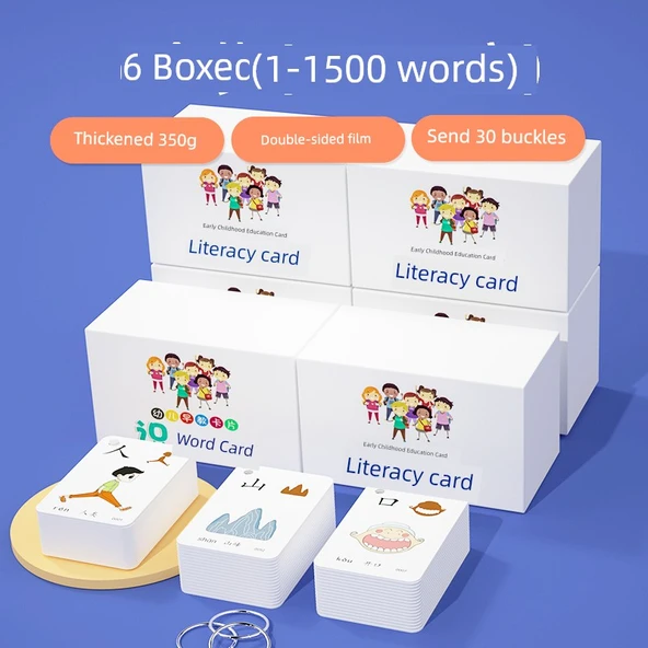 Çocuklar İçin Erken Eğitim Flash Kartları - 3000 Kelime - 1-1500 Resimli Karakter [Kalınlaştırılmış 6 Kutu Paket ve 30 Halka]