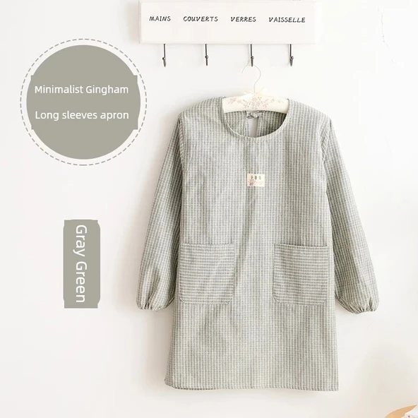 Yağa Dayanıklı Uzun Kollu Önlük - Gri Yeşil Minimalist Dikey Desenli