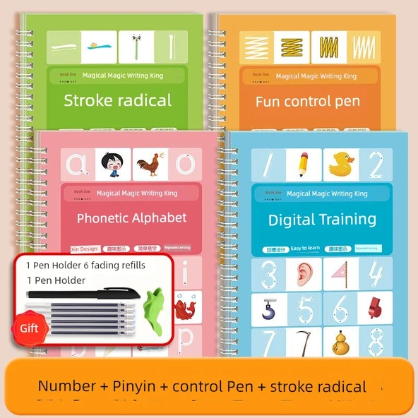 Okul Öncesi El Yazısı Alıştırma Kitabı - Eğlenceli Kontrol Kalemi + Çizgi Radikal + Sayılar + Pinyin ve Kalem