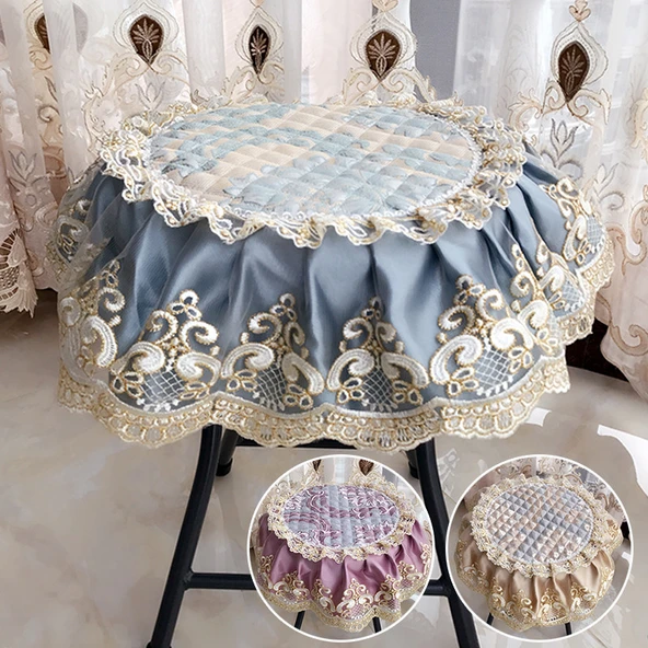 Yuvarlak Sandalye Minderi - Ahşap Desenli - Mavi Kareli - 40cm - 2