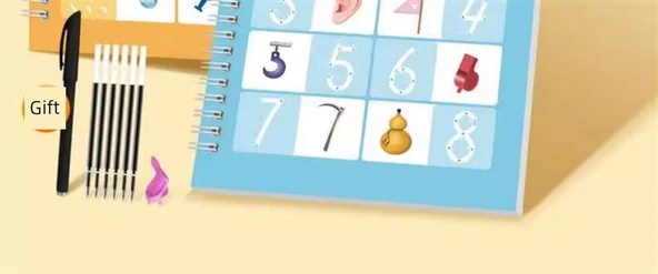 Okul Öncesi El Yazısı Alıştırma Kitabı - Eğlenceli Kontrol Kalemi + Çizgi Radikal + Sayılar + Pinyin ve Kalem - 8