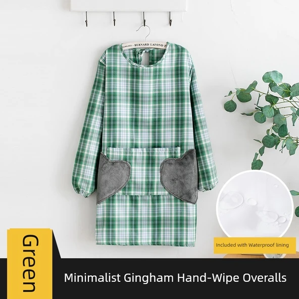Yağa Dayanıklı Uzun Kollu Önlük - Özel Yeşil Minimalist Ekose - Su Geçirmez Astarlı