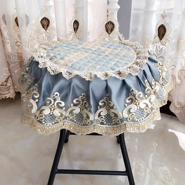 Yuvarlak Sandalye Minderi - Ahşap Desenli - Mavi Tüy - 30cm