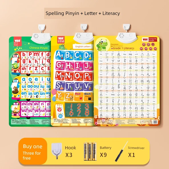 Çocuklar İçin Erken Eğitim Pinyin Duvar Tablosu - Pinyin, Harfler, Çince Karakterler 1-100 (3 Set)