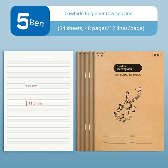 Müzik Notaları Defteri - Geniş Aralık 5, Beş Çizgili, Kalınlaştırılmış 48 Sayfa