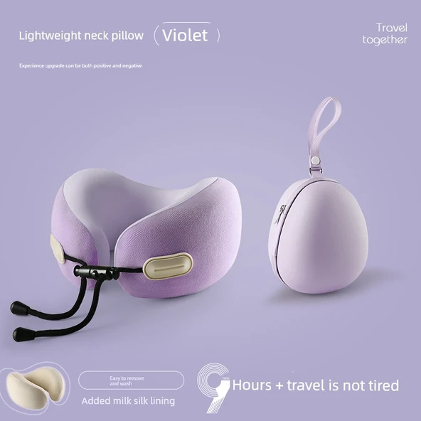 Hafızalı Köpük U Şekilli Seyahat Boyun Yastığı ve Makyaj Çantası - Violet