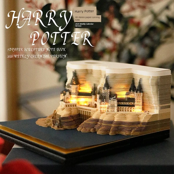 3D Not Kağıdı Harry Potter Şatosu [Işıklı + Çince 2025 Haftalık Takvim + Şeffaf Akrilik Kutu]