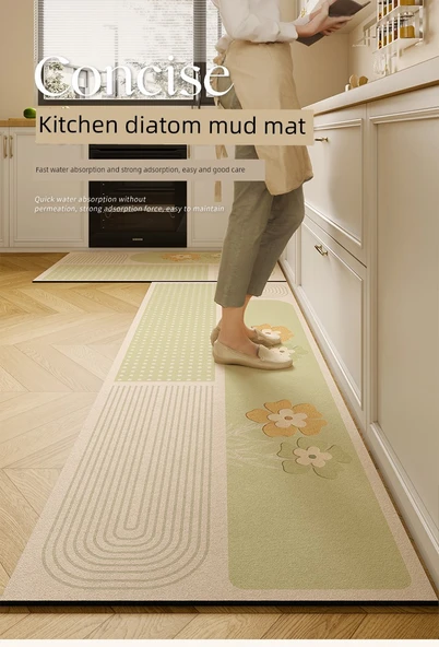 Diyatomit Mutfak Halısı - 50x80 - Açık Çiçek ve Ahşap Desenli - 7