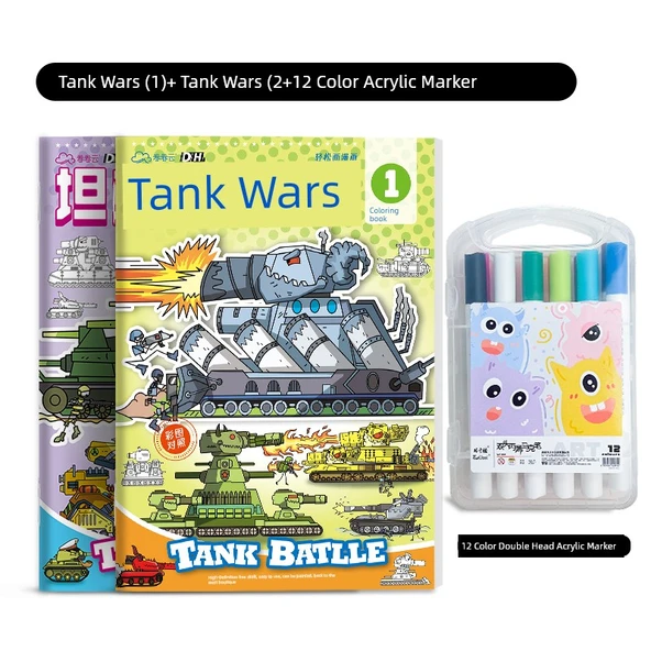 Tank Savaşları Boyama Kitabı [İki Adet] Tank Savaşı ① + ② + 12 Renkli Akrilik Kalem