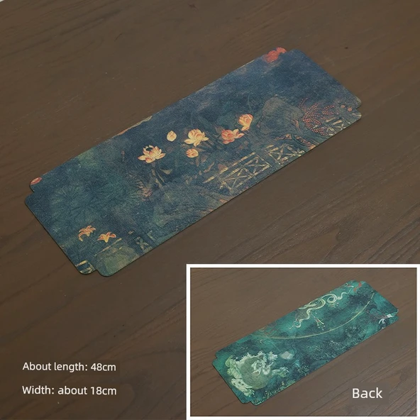 Çift Taraflı Antik Resim Çay Matı - Mürekkep Lotus Fahai Tapınağı Duvar Resmi 48cm x 18cm
